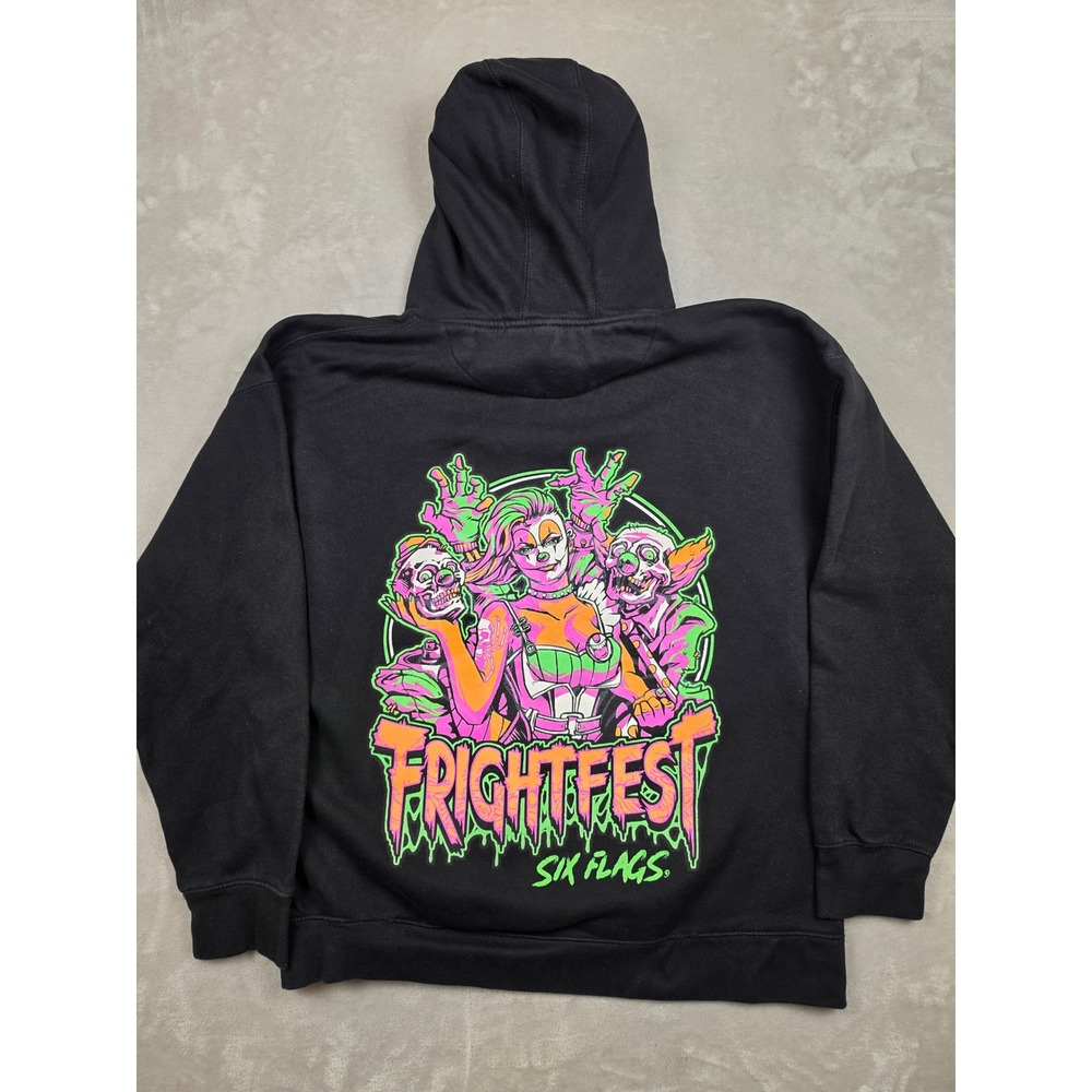 Six Flags Fright Fest Hoodie Mens 2XL Black Graphic Sweatshirt Halloween Horror